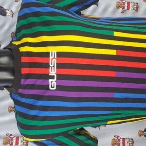 Guess Jeans embroidered spellout multicolor color stripes casual wear SM t-shirt